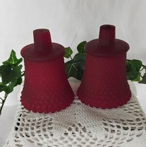 Vtg Frosted Ruby Red Hobnail Peg Votive Glass Candle Holder - Set of 2